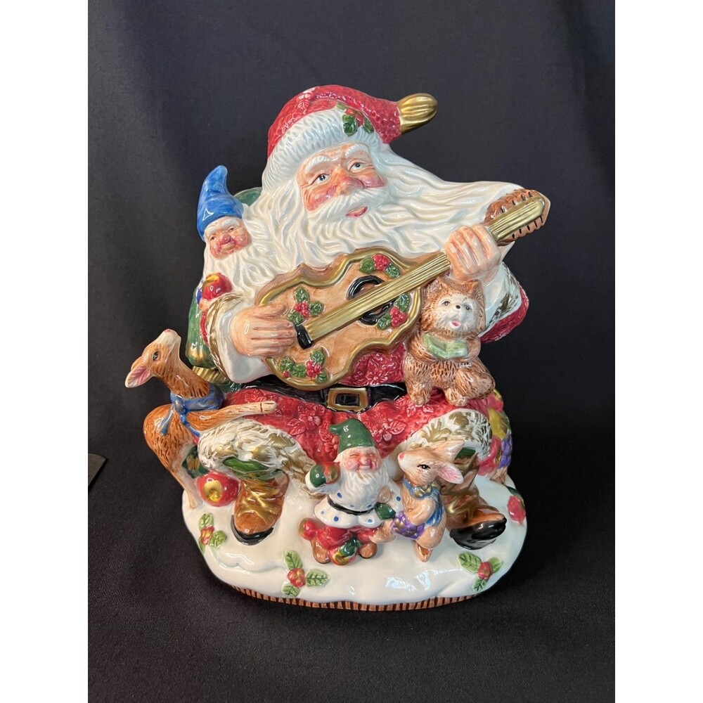 Fitz & Floyd Santa & Guitar Forest Festival Christmas Cookie Jar Decor Accent